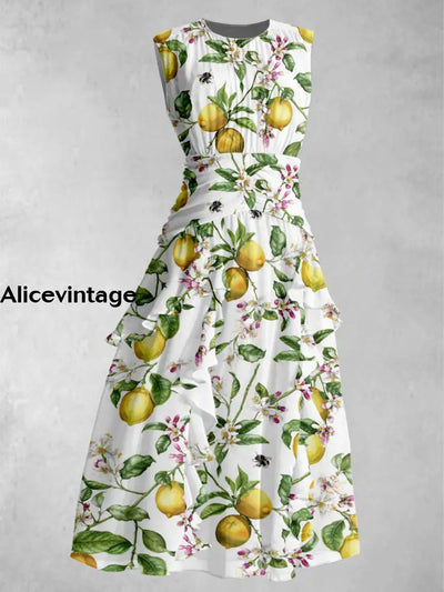 Lemon Flower Printed 50’S Elegant Chic Chiffon Sleeveless Maxi Dress A / S