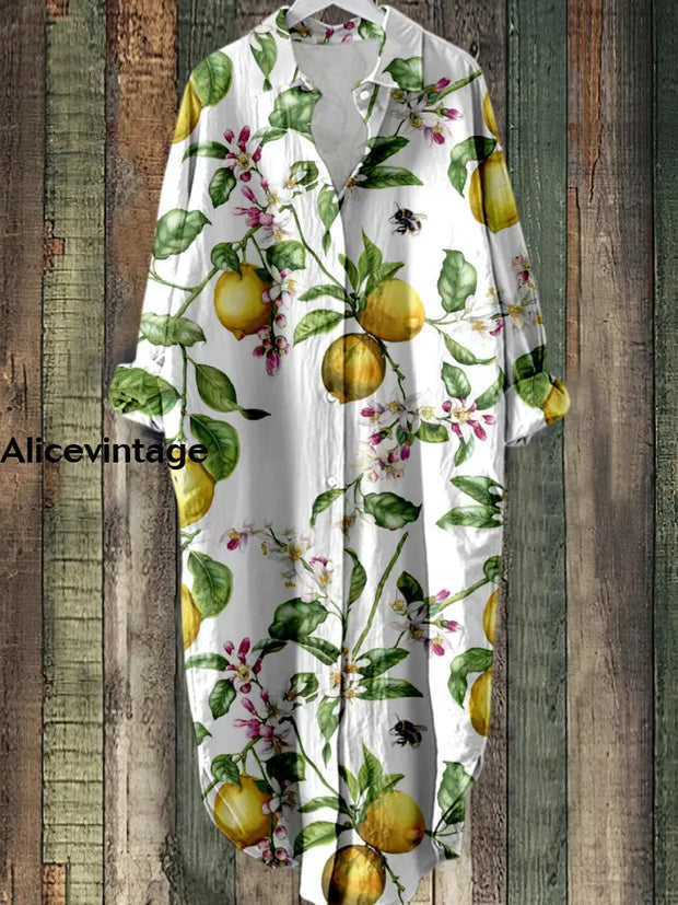 Lemon Flower Printed Vintage Chic Long Sleeved Casual Loose Shirt Dress A / S