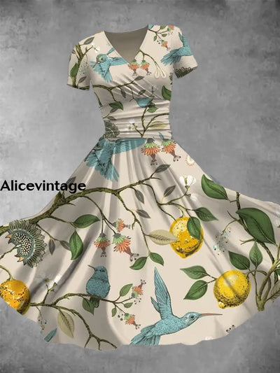 Lemon Tree Art Print V-Neck Vintage Fashion Short Sleeve Midi Dress A / S