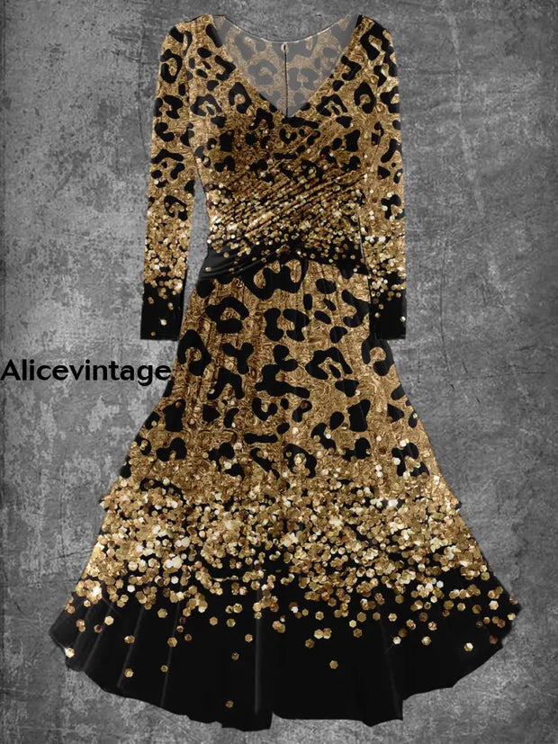 Leopard Print Vintage Elegant Chic Long Sleeve Multilayer Midi Dress A / S