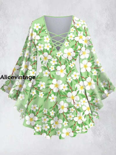 Light Green Flower Print V-Neck Long Sleeve Shirt A / Xs