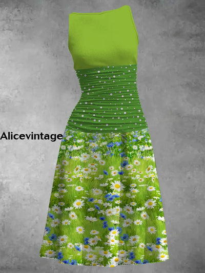 Little Daisy Printed Elegant Vintage Chic Sleeveless Tank Top Midi Dress A / S