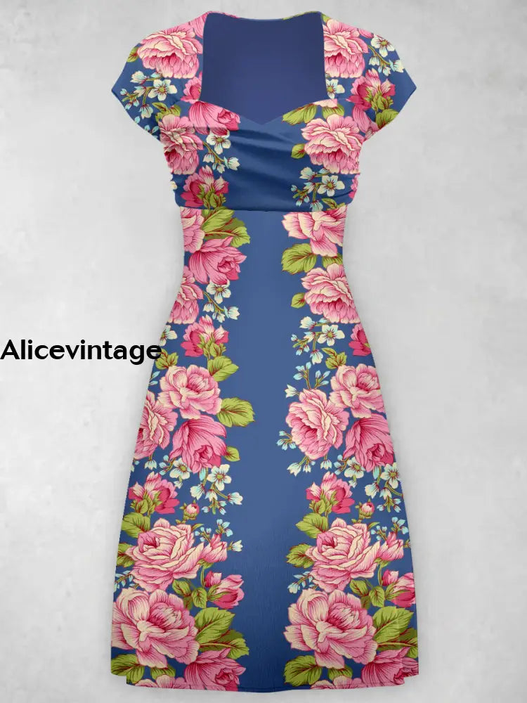Loral Design Art Printed Vintage Chic Classical Short Sleeve Midi Dress A / S