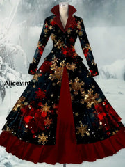 Luxury Snowflakes Printed Vintage Elegant Lapel V-Neck Button Up Double Hem Long-Sleeved Midi Dress