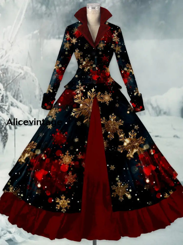 Luxury Snowflakes Printed Vintage Elegant Lapel V-Neck Button Up Double Hem Long-Sleeved Midi Dress