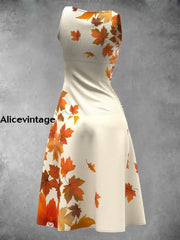 Maple Leaf Print Sleeveless Retro Midi Dress