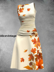 Maple Leaf Print Sleeveless Retro Midi Dress Color / S