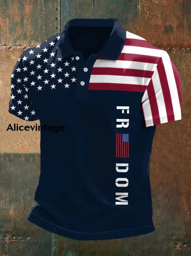 Men’s Freedom Independence Day American Flag Print Casual Polo Navy Blue / S