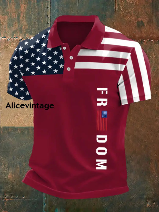 Men’s Freedom Independence Day American Flag Print Casual Polo Red / S