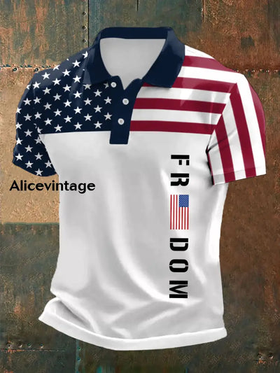 Men’s Freedom Independence Day American Flag Print Casual Polo White / S