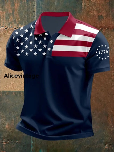 Men’s Independence Day American Flag 1776 Print Casual Polo Navy Blue / S