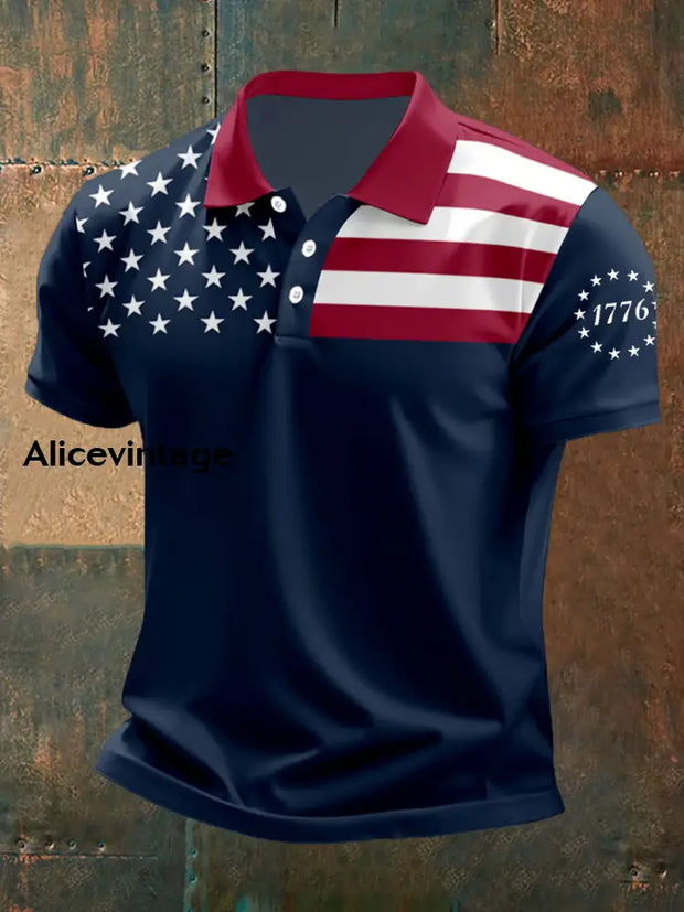 Men’s Independence Day American Flag 1776 Print Casual Polo Navy Blue / S