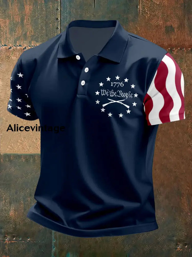Men’s We The People 1776 Independence Day American Flag Print Casual Polo Navy Blue / S