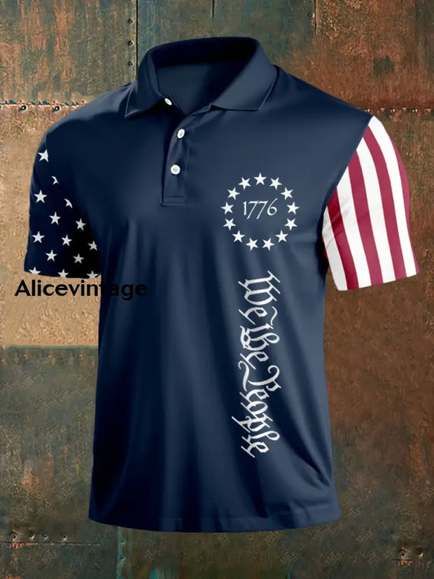 Men’s We The People 1776 Independence Day American Flag Print Casual Polo Navy Blue / S