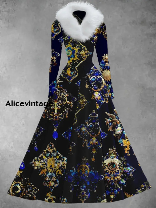 Metallic Art Print Vintage Elegant V-Neck Fur Collar Long Sleeve Midi Dress A / S