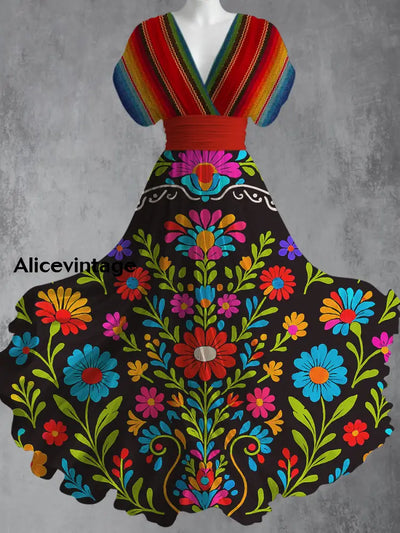 Mexican Fiesta Floral Art Printed Elegant V-Neck Vintage Short Sleeve Maxi Dress A / S