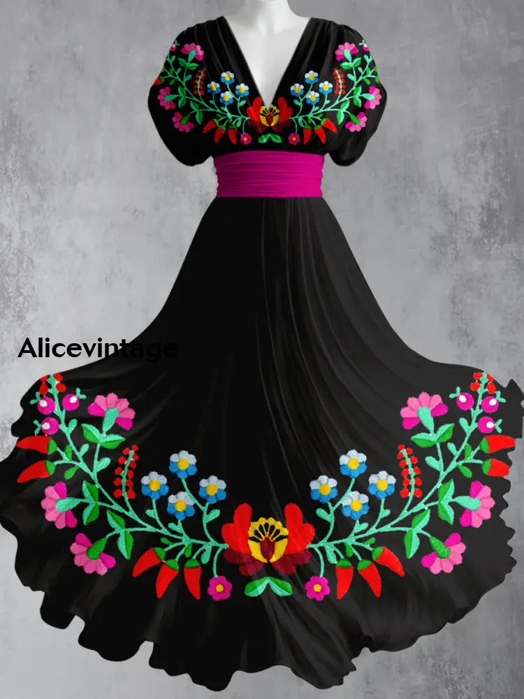 Mexican Fiesta Floral Art Printed Elegant V-Neck Vintage Short Sleeve Maxi Dress A / S