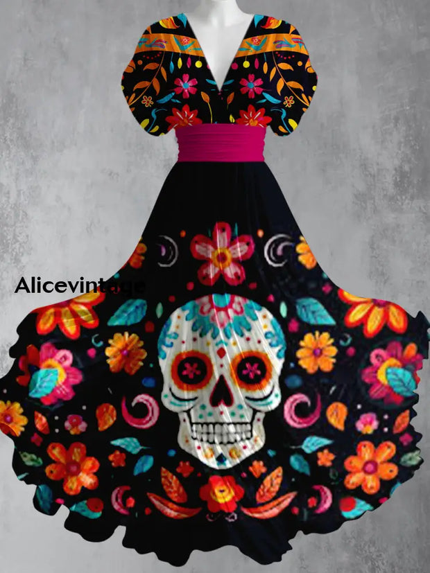 Mexican Fiesta Skull Floral Art Printed Elegant V-Neck Vintage Short Sleeve Maxi Dress A / S