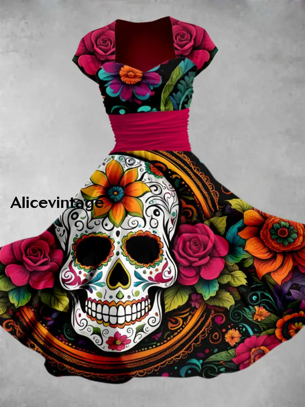 Mexican Fiesta Skull Floral Art Printed Vintage V-Neck Pleated Waist Short Sleeve Midi Dress A / S