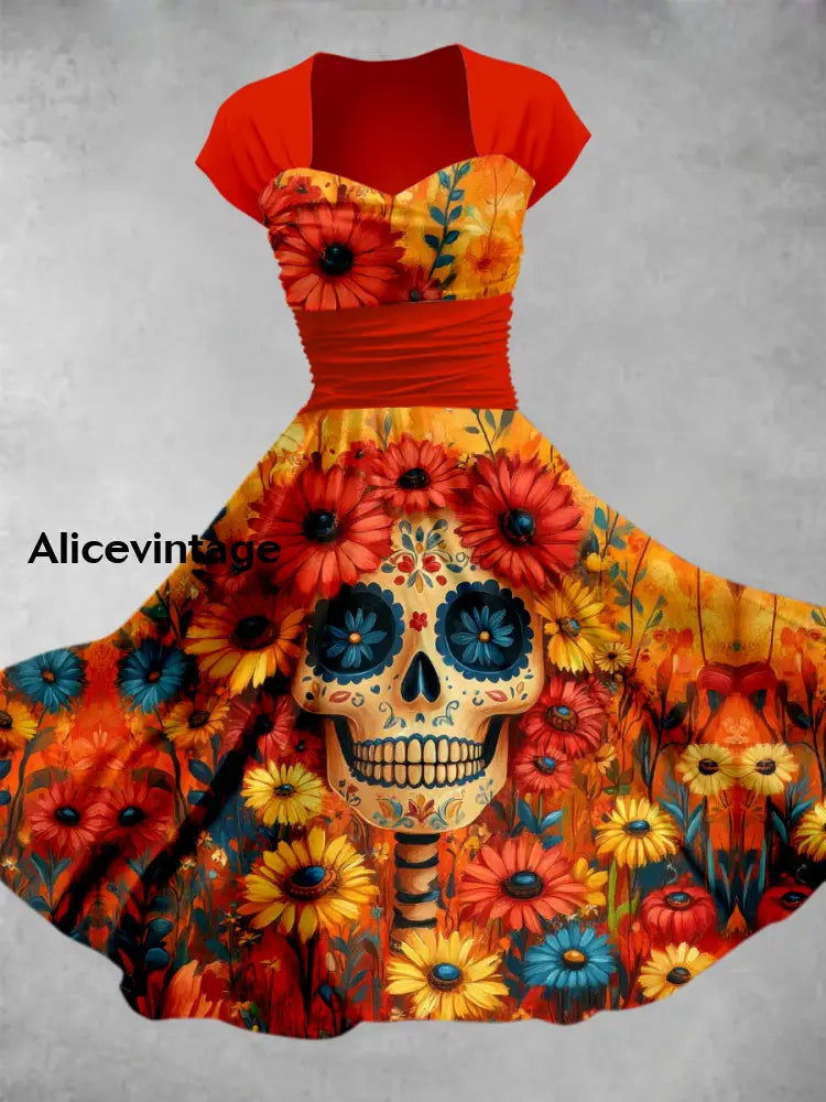 Mexican Fiesta Skull Floral Art Printed Vintage V-Neck Pleated Waist Short Sleeve Midi Dress A / S