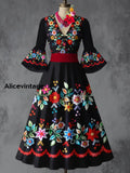 Mexican Floral Art Print V-Neck Flare Sleeve Vintage Dress A / S