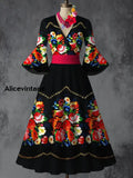 Cinco de Mayo Mexican Fiesta Floral Printed V-Neck Vintage Chic Pleated Waist Flare Sleeve Midi Dress A / S