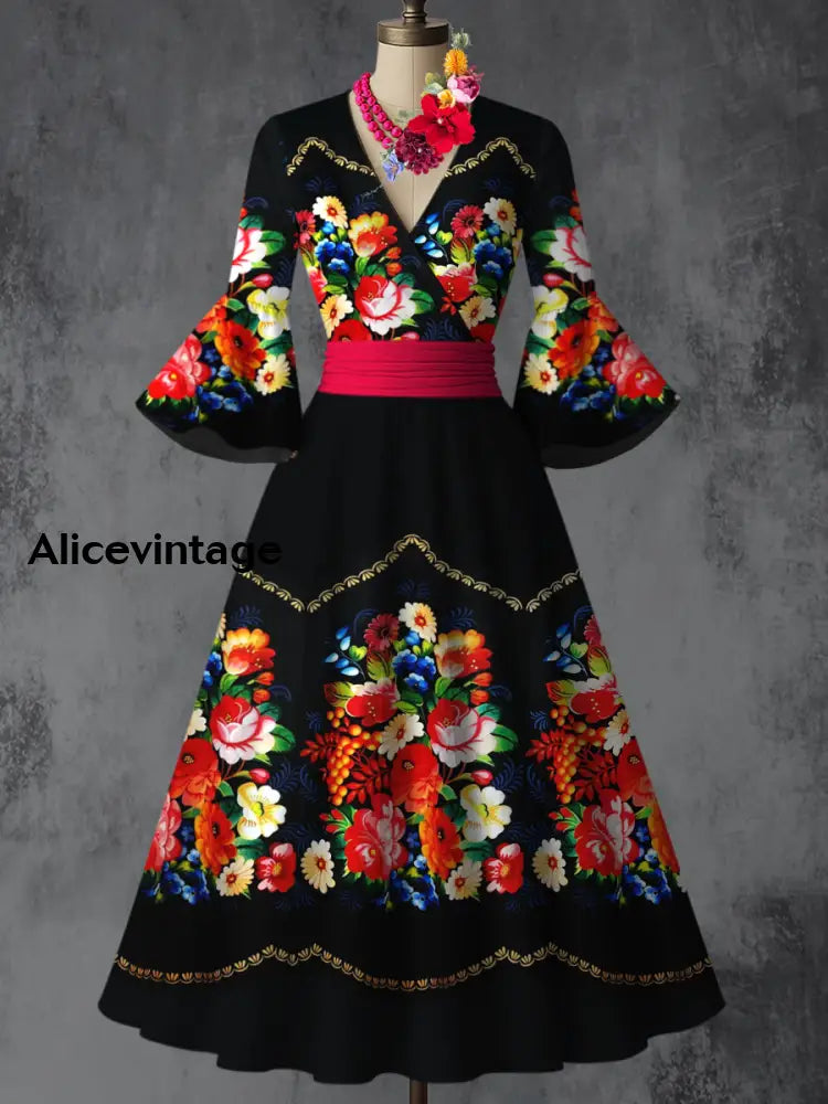 Cinco de Mayo Mexican Fiesta Floral Printed V-Neck Vintage Chic Pleated Waist Flare Sleeve Midi Dress A / S