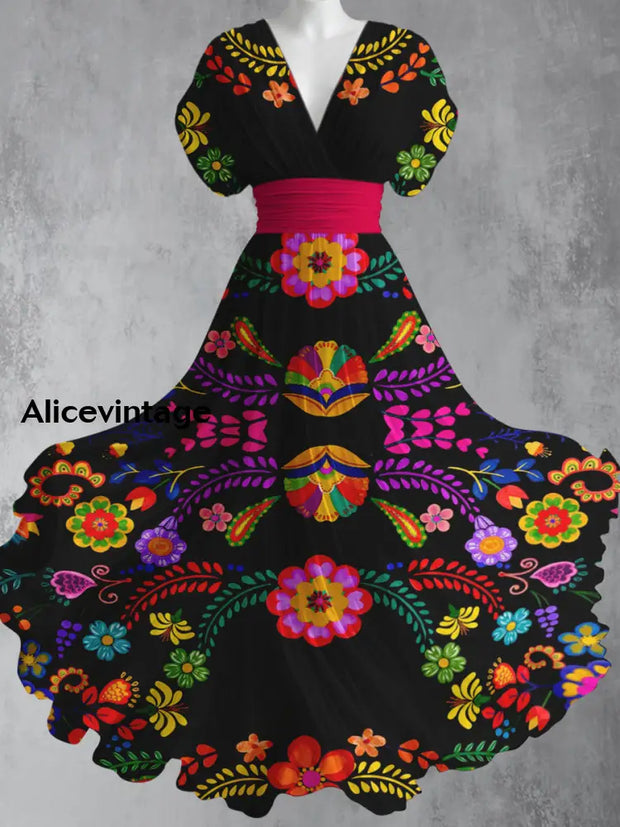 Mexican Floral Art Print V-Neck Short Sleeve Vintage Elegant Maxi Dress A / S