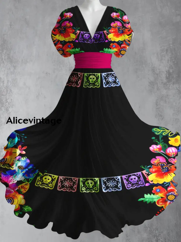 Mexican Floral Art Print V-Neck Short Sleeve Vintage Elegant Maxi Dress A / S