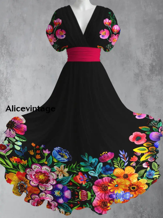Mexican Floral Art Print V-Neck Short Sleeve Vintage Elegant Maxi Dress A / S