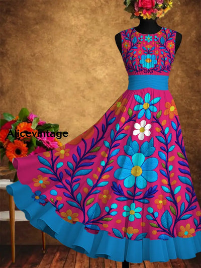 Mexican Floral Art Print Vintage Elegant Double Layer Sleeveless Maxi Dress A / S