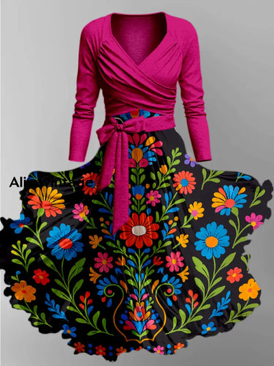 Mexican Floral Art Print Vintage Long Sleeve Two-Piece Midi Dress A / S