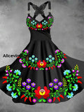 Mexican Floral Art Print Vintage Suspender Dress A / S