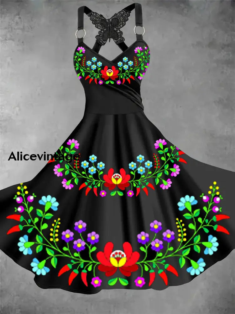 Mexican Floral Art Print Vintage Suspender Dress A / S