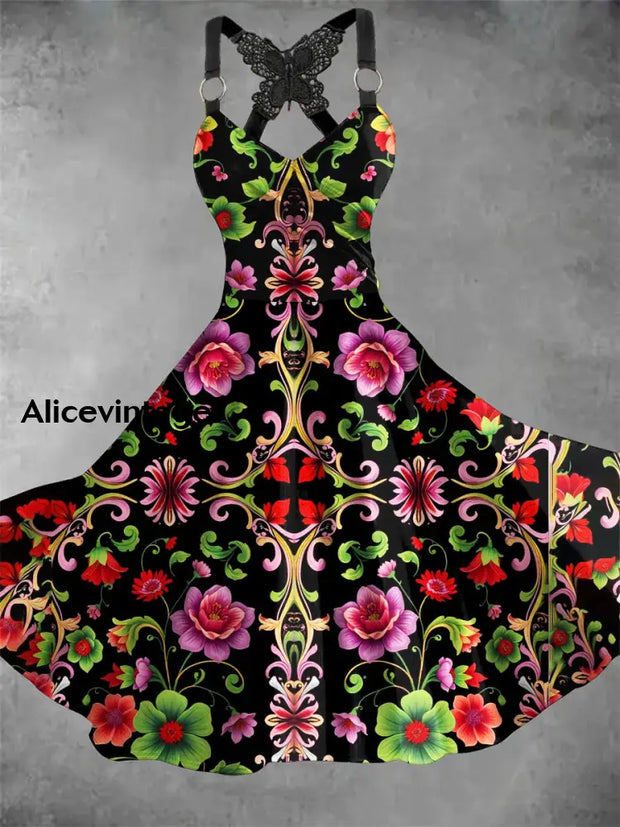 Cinco De Mayo Mexican Floral Art Print V-Neck Short Sleeve Vintage Dress