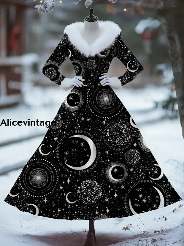 Moon Star Art Print Vintage Elegant Fur Collar Long Sleeve Midi Dress A / S