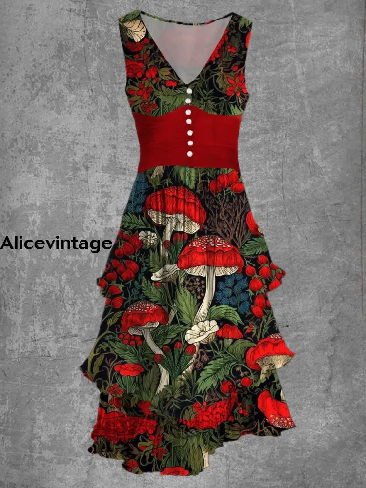 Mushroom Print Sleeveless V-Neck Button Up Retro Midi Dress A / S