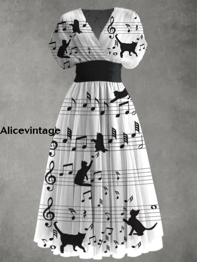 Music Art Print Elegant V-Neck Chic Short Sleeve Maxi Dress A / S