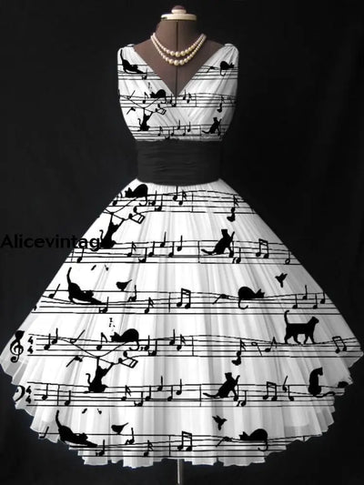 Music Art Print V-Neck Vintage Fashion Sleeveless Midi Dress A / S