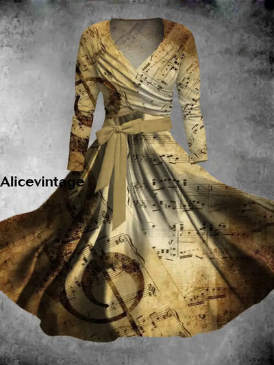 Music Note Art Print V-Neck Long Sleeve Two-Piece Vintage Midi Dress A / S