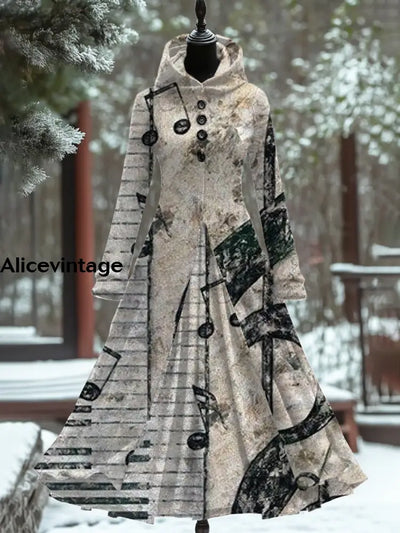 Music Note Art Print Vintage Long Sleeve Maxi Dress Hooded A / S