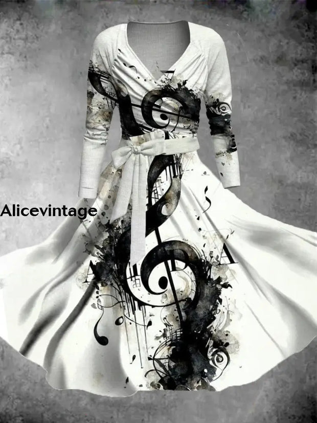 Music Note Print V-Neck Long Sleeve Two-Piece Vintage Midi Dress A / S