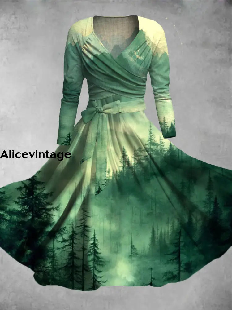 Nature Forest Print Vintage V-Neck Long Sleeve Two-Piece Midi Dress A / S