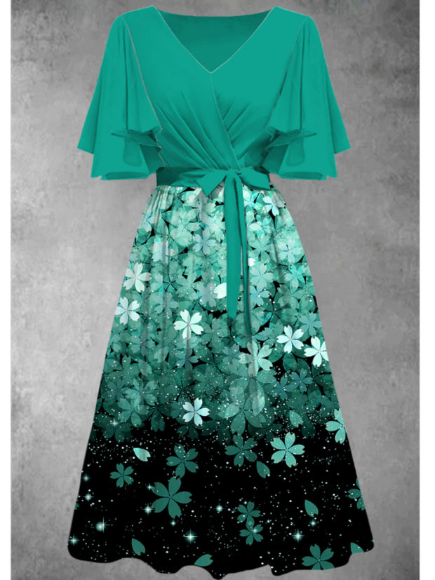 Green Floral Art Print V-Neck Short Sleeve Vintage Midi Dress