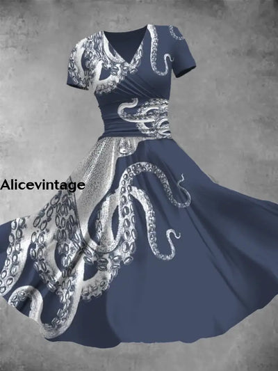 Octopus Art Print V-Neck Short Sleeve Retro Midi Dress A / S