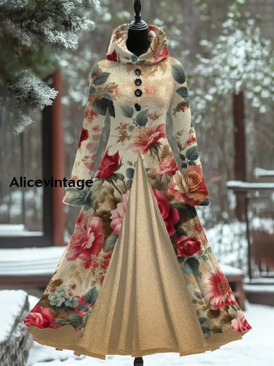 Oil Painting Style Floral Art Print Vintage Elegant Long Sleeve Maxi Dress A / S