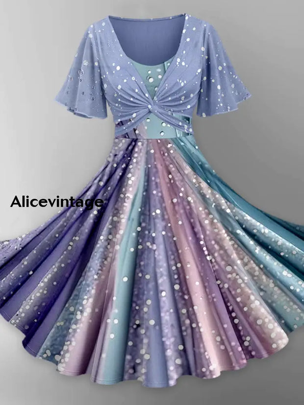 olored Art Graphics Printed Vintage Cross Fold Short Sleeve Two-Piece Midi Dress A / S