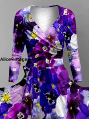 Orchid Floral Art Print Vintage V-Neck Long Sleeve Two-Piece Midi Dress