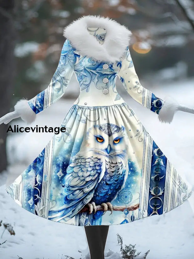 Owl Art Print Vintage Elegant V-Neck Fur Collar Long Sleeve Midi Dress A / S