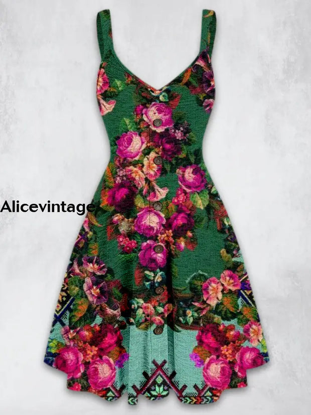 Paisley Floral Design Printed Vintage V-Neck Strap Sleeveless Button Trim Midi Dress A / S